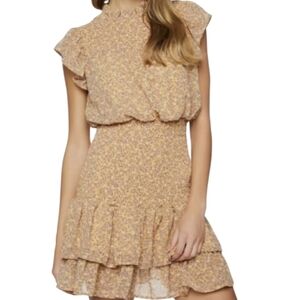 Timing Yellow Floral Ruffle Smocked Coquette Cottagecore Short Sleeve Mini Dress